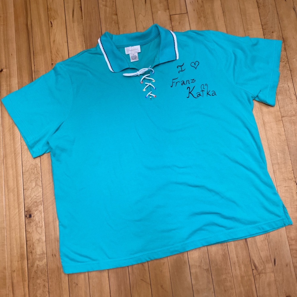 I <3 Franz Kafka Handpainted Upcycled Studio Works Turquoise Lace-Up Polo